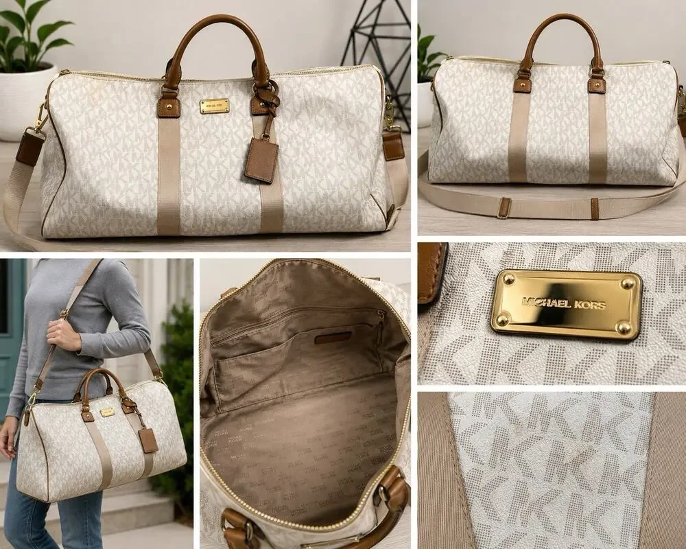 Michael Kors Large Signature MK Weekender Duffel Travel Bag Vanilla Brown